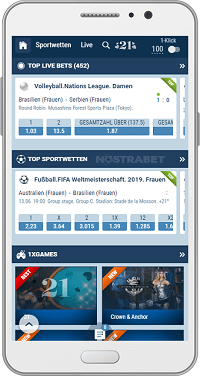 Die Startseite der Android-App von 1xBet