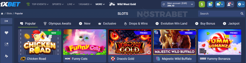 1xBet Casino homepage with games and live dealers