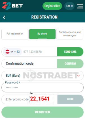 22bet registration by phone