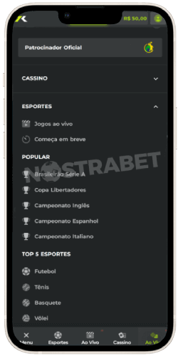 Menu de navegação do aplicativo Bet7k iOS