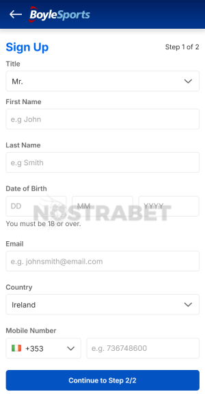 BoyleSports registration step 2