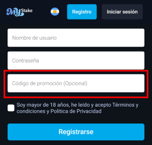Ingrese el código de promoción de MyStake